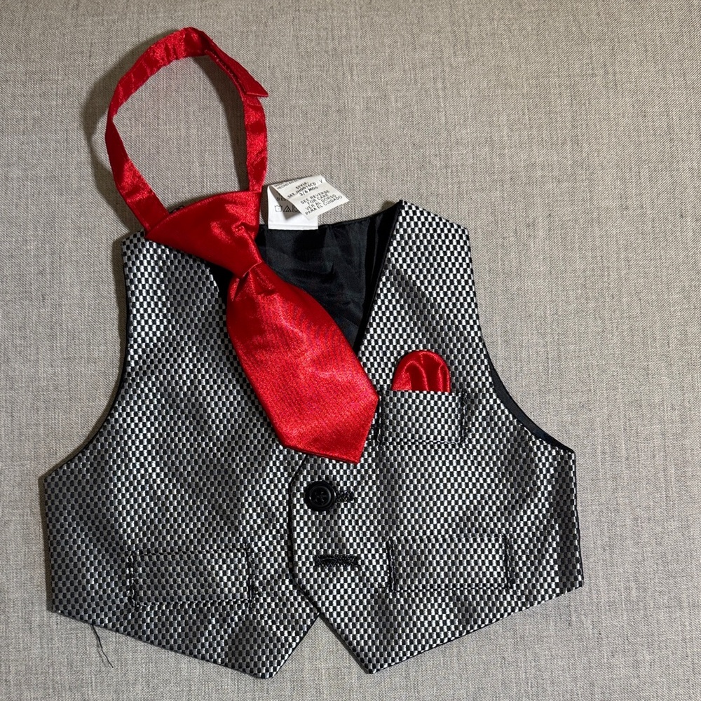 Stylish Black and White Vest with Red Tie